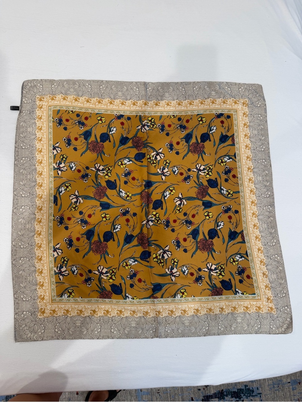 Floral Square Scarf in Mustard with Taupe Border